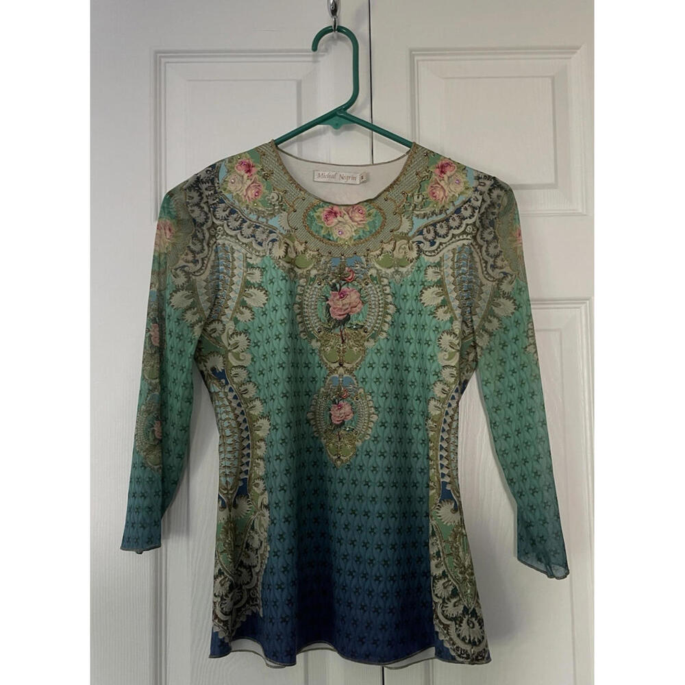 Michal Negrin Rose Embellished 3/4 Sleeve Top Medium